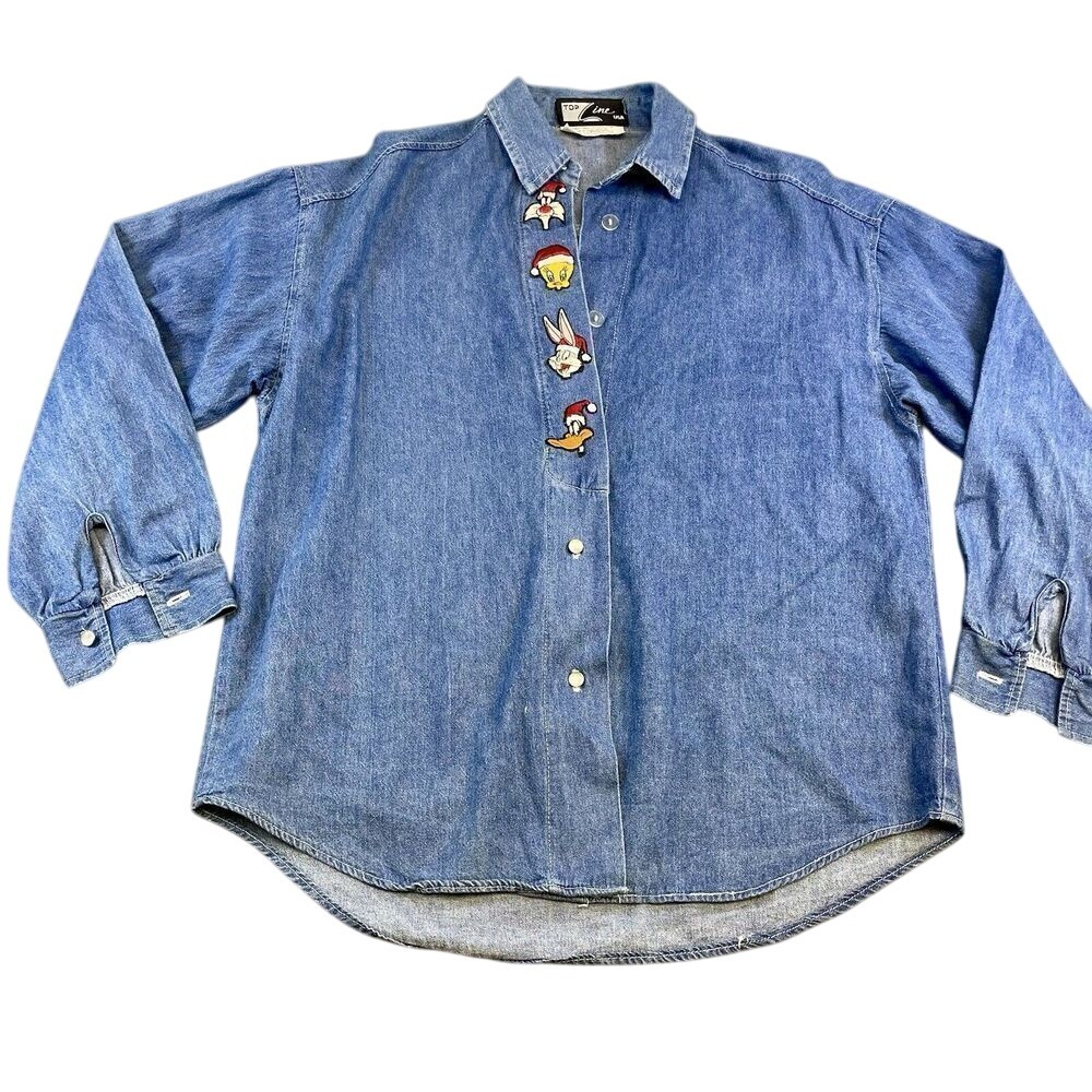 Top Line Women Denim Shirt Cotton Blue Large Vintage 1992 Looney Tunes Christmas